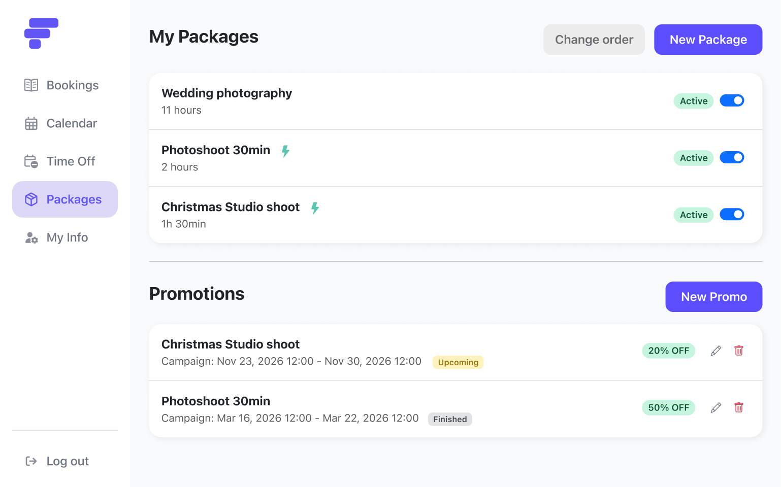 Packages and promotions view of the Foundslot dashboard